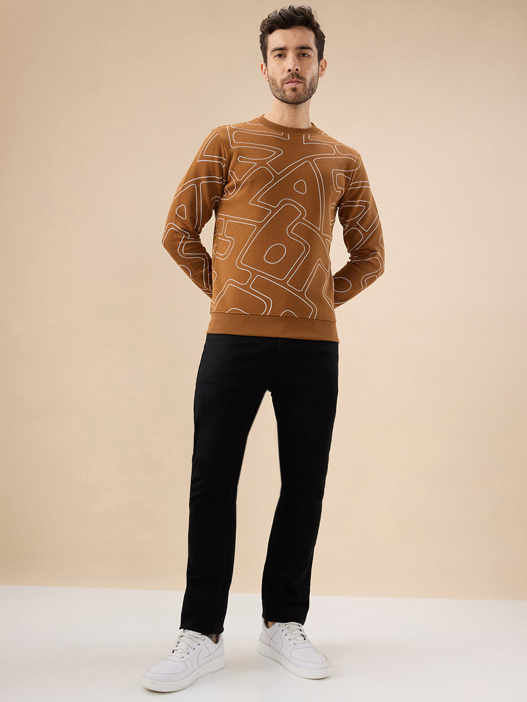 Men's All Over Typography Print Full Sleeve Round Neck Fleece Sweatshirt