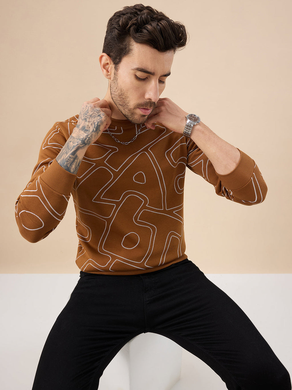 Men's All Over Typography Print Full Sleeve Round Neck Fleece Sweatshirt