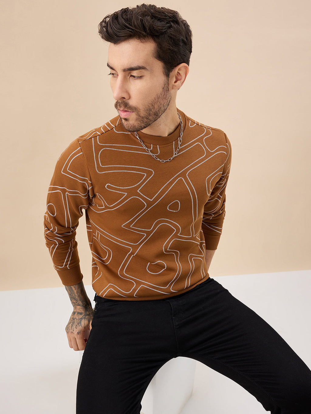 Men's All Over Typography Print Full Sleeve Round Neck Fleece Sweatshirt