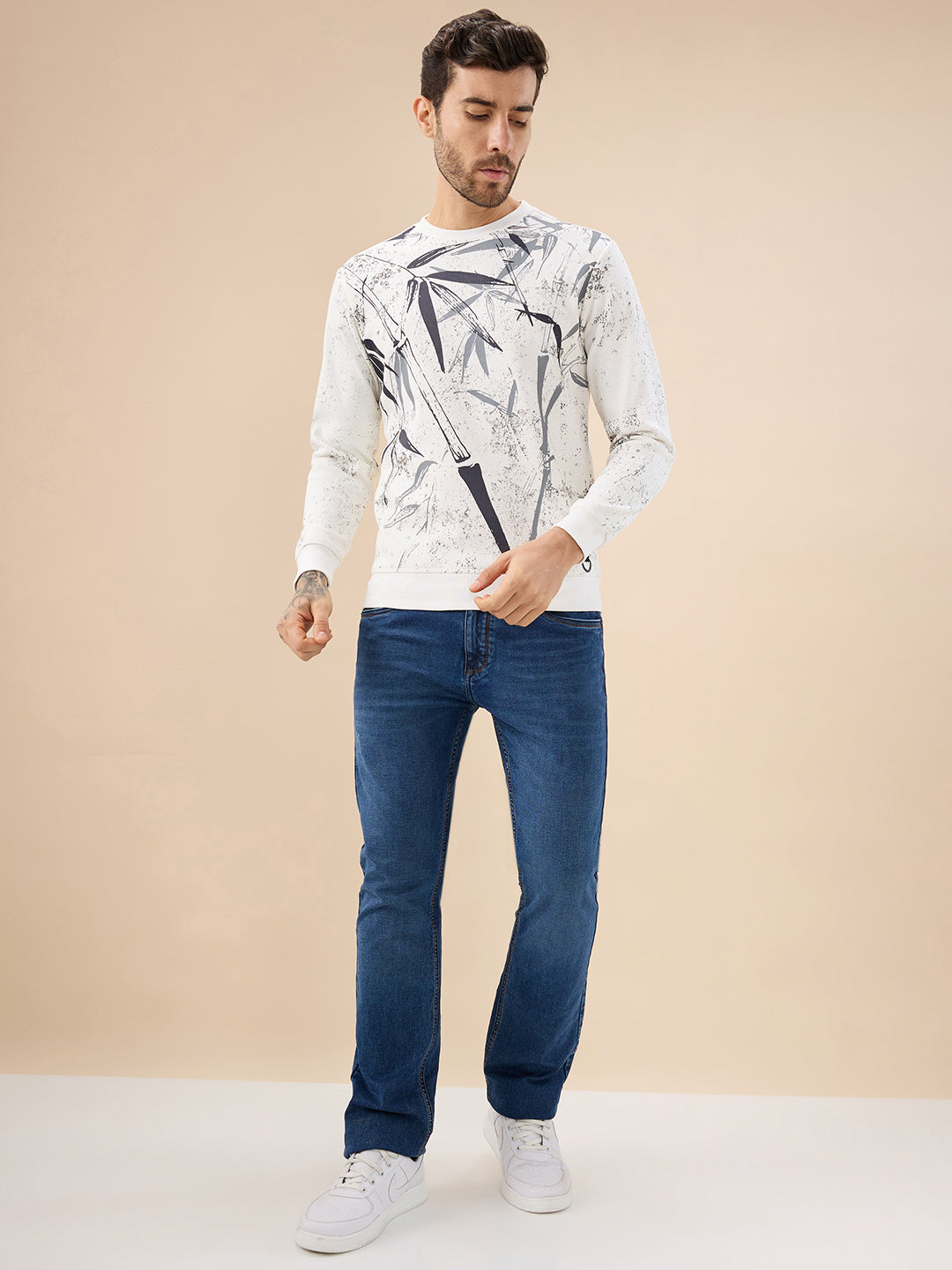 Men's Abstract Tropical Print Round Neck Full Sleeve Fleece Sweatshirt