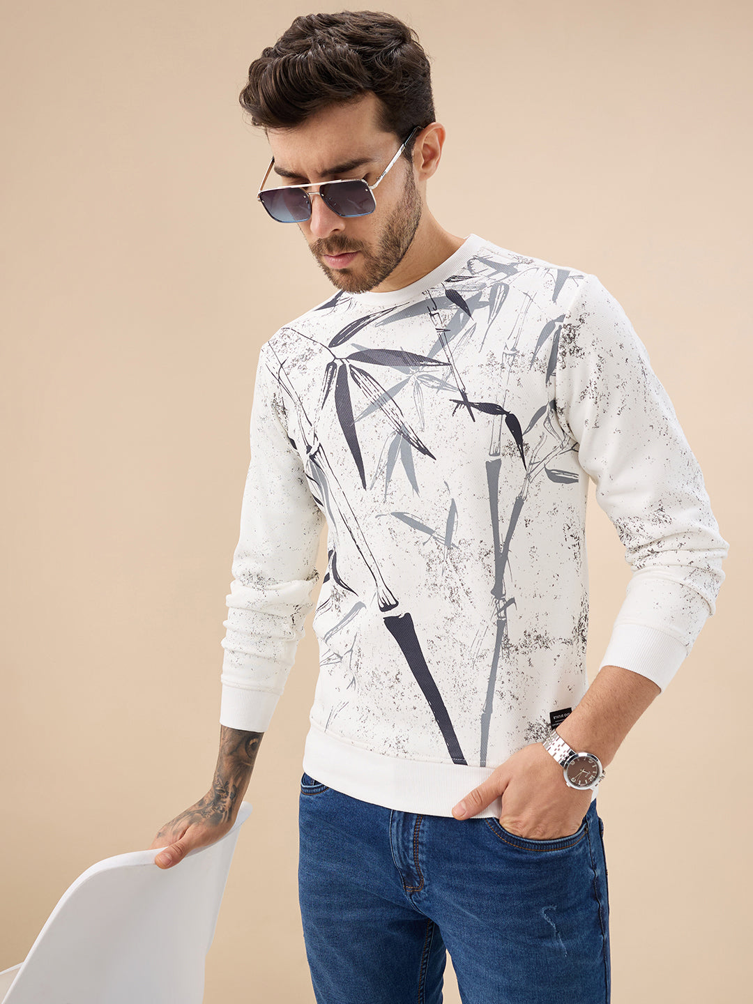 Men's Abstract Tropical Print Round Neck Full Sleeve Fleece Sweatshirt