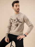 Men's Chest Birds Graphic Print Full Sleeve Round Neck Fleece Sweatshirt