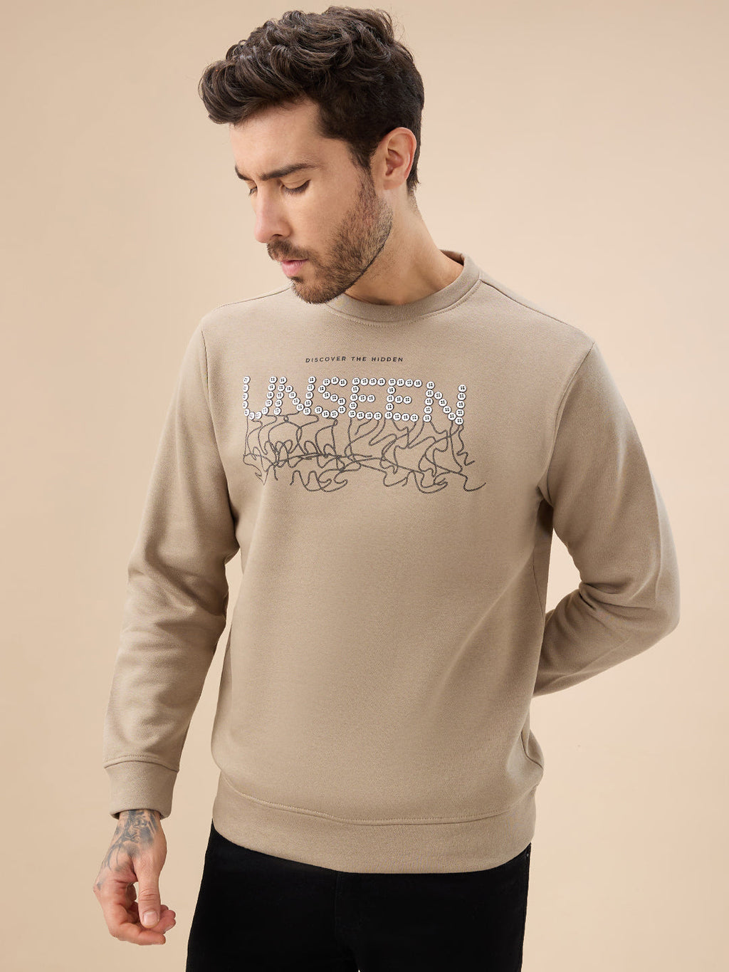 Men's Chest Typography Print Full Sleeve Round Neck Fleece Sweatshirt