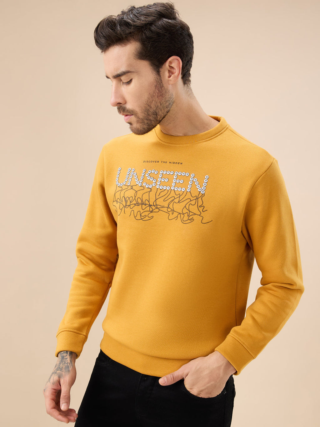 Men's Chest Typography Print Full Sleeve Round Neck Fleece Sweatshirt