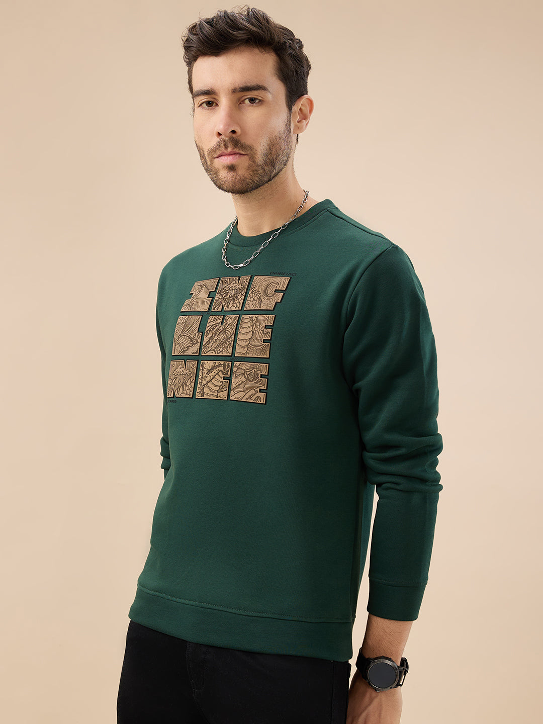 Men's Chest Rubber Typography Print Full Sleeve Round Neck Fleece Sweatshirt Secondary image