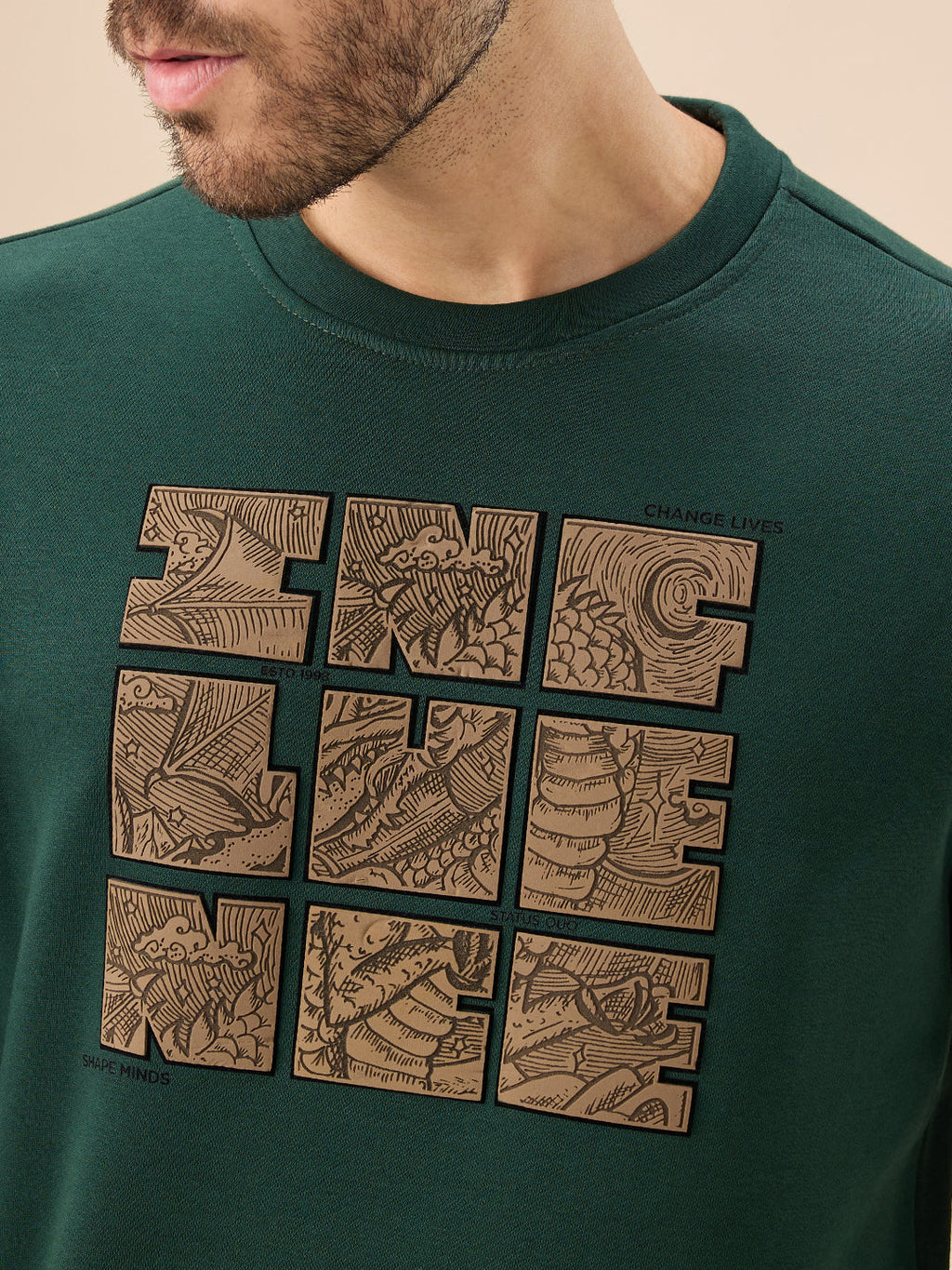 Men's Chest Rubber Typography Print Full Sleeve Round Neck Fleece Sweatshirt