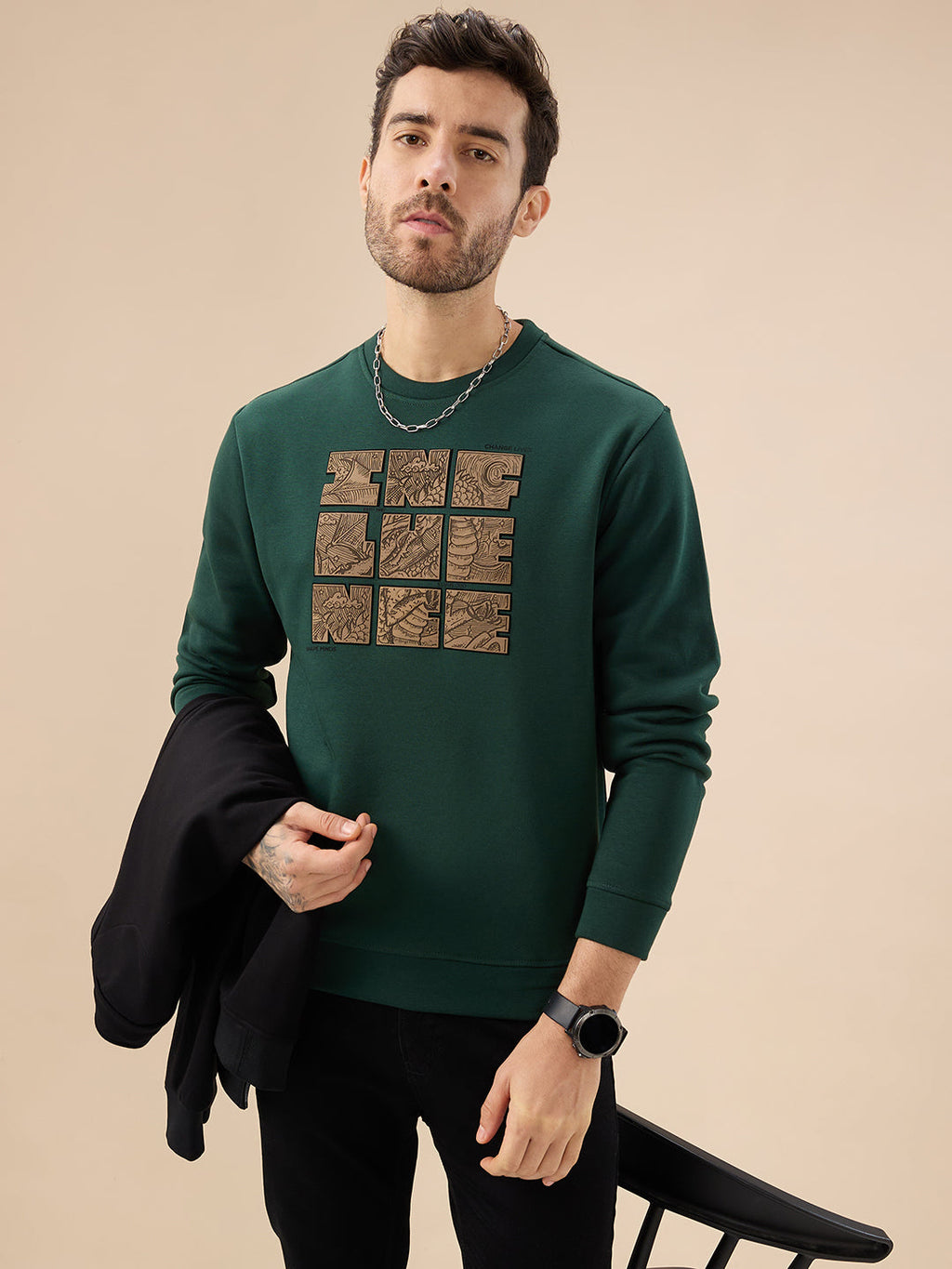 Men's Chest Rubber Typography Print Full Sleeve Round Neck Fleece Sweatshirt