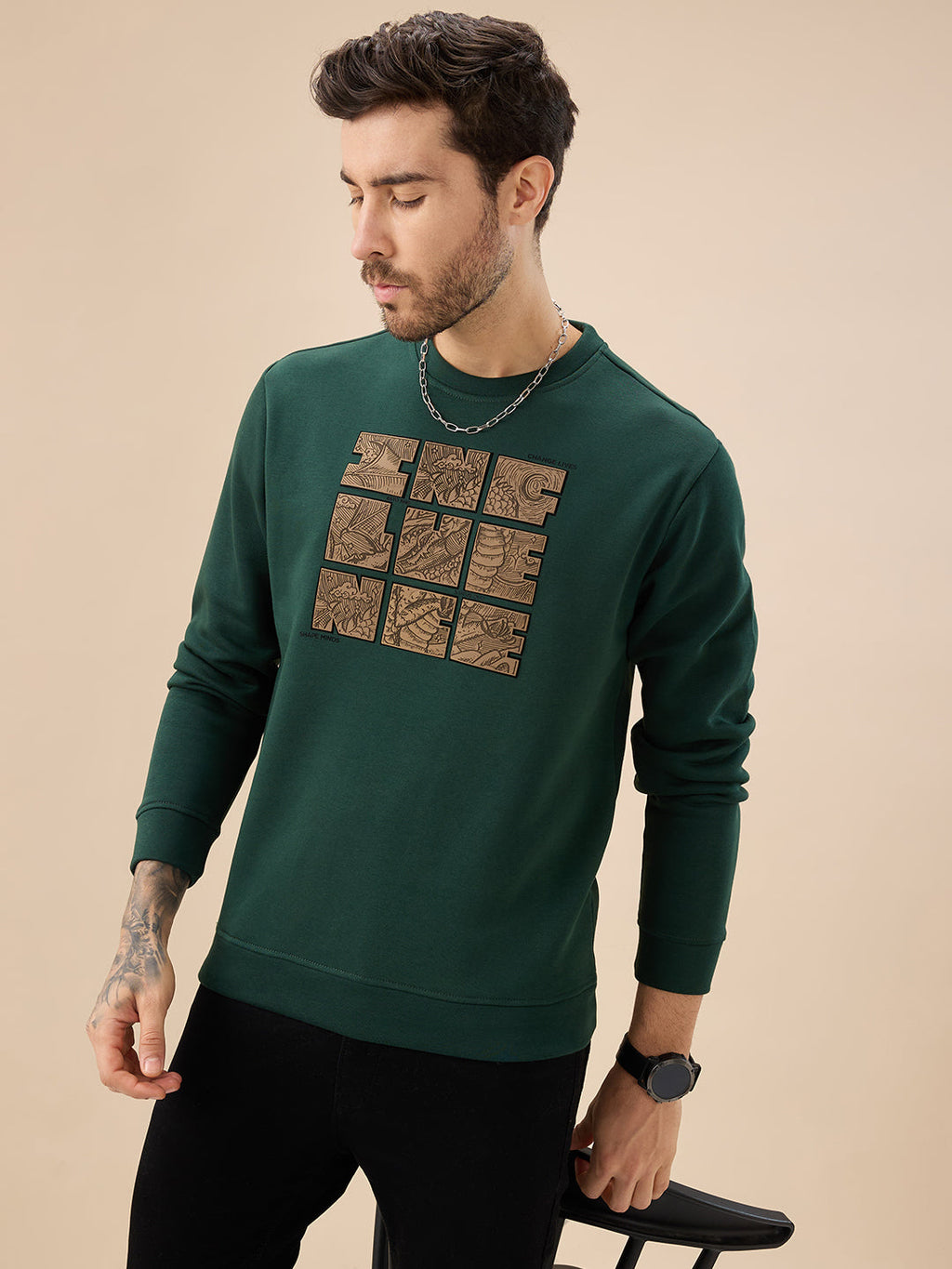 Men's Chest Rubber Typography Print Full Sleeve Round Neck Fleece Sweatshirt