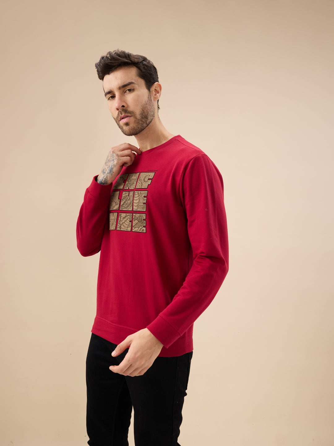 Men's Chest Rubber Typography Print Full Sleeve Round Neck Fleece Sweatshirt Secondary image