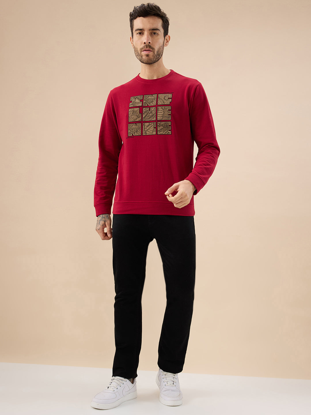 Men's Chest Rubber Typography Print Full Sleeve Round Neck Fleece Sweatshirt