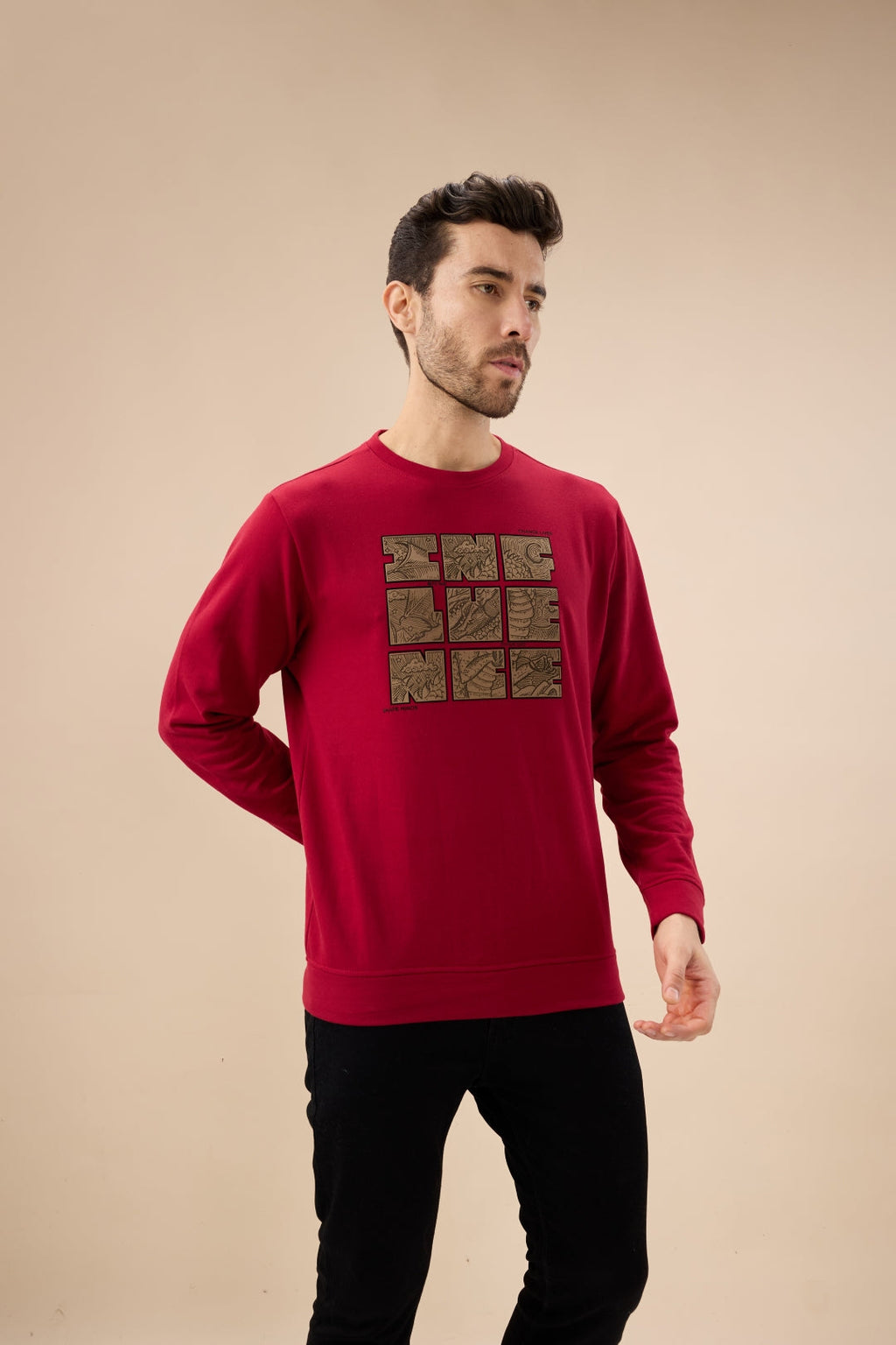 Men's Chest Rubber Typography Print Full Sleeve Round Neck Fleece Sweatshirt