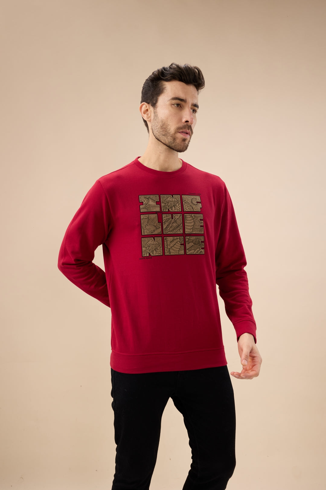 Men's Chest Rubber Typography Print Full Sleeve Round Neck Fleece Sweatshirt