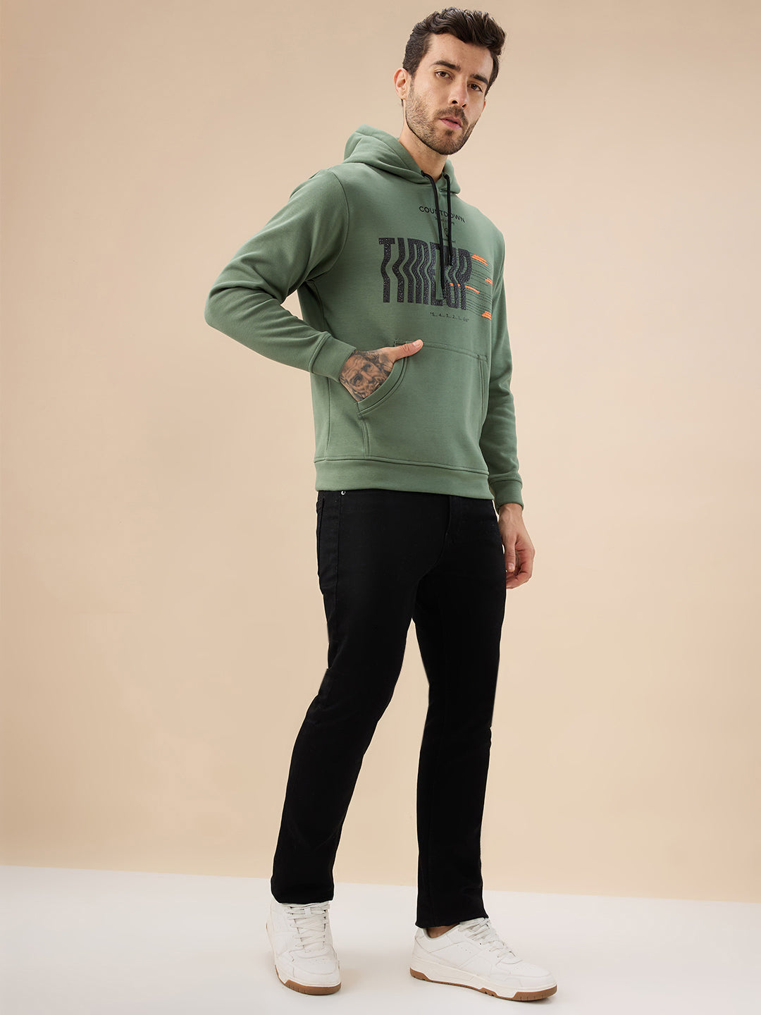 Men's Chest Typography Print Full Sleeve Hooded Fleece Sweatshirt with Kangaroo Pocket