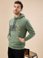 Men's Chest Typography Print Full Sleeve Hooded Fleece Sweatshirt with Kangaroo Pocket