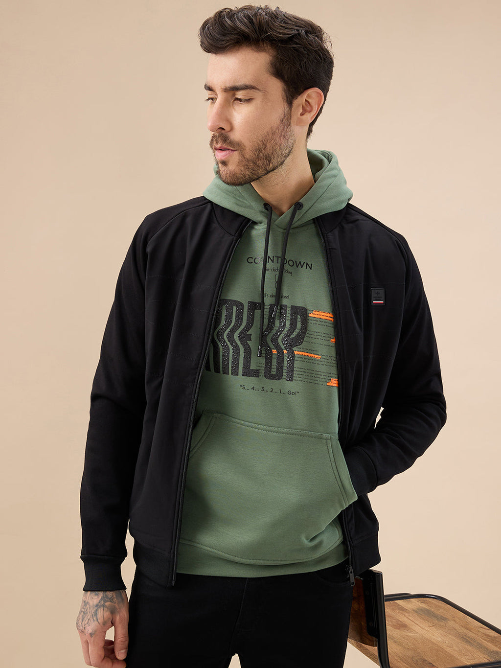 Men's Chest Typography Print Full Sleeve Hooded Fleece Sweatshirt with Kangaroo Pocket