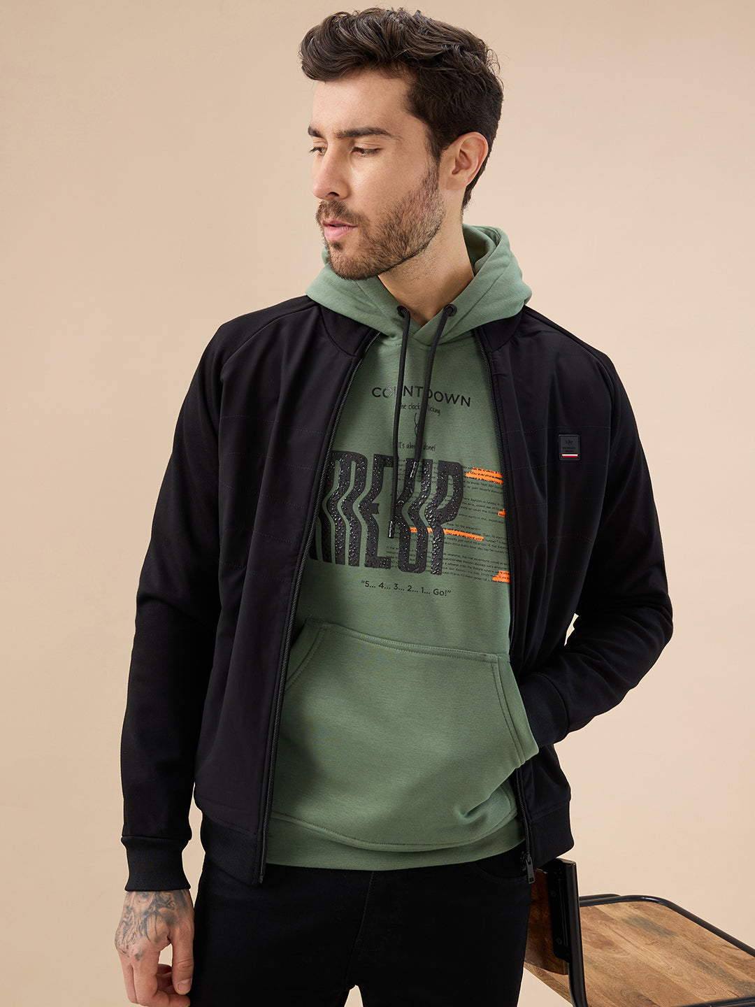 Men's Chest Typography Print Full Sleeve Hooded Fleece Sweatshirt with Kangaroo Pocket