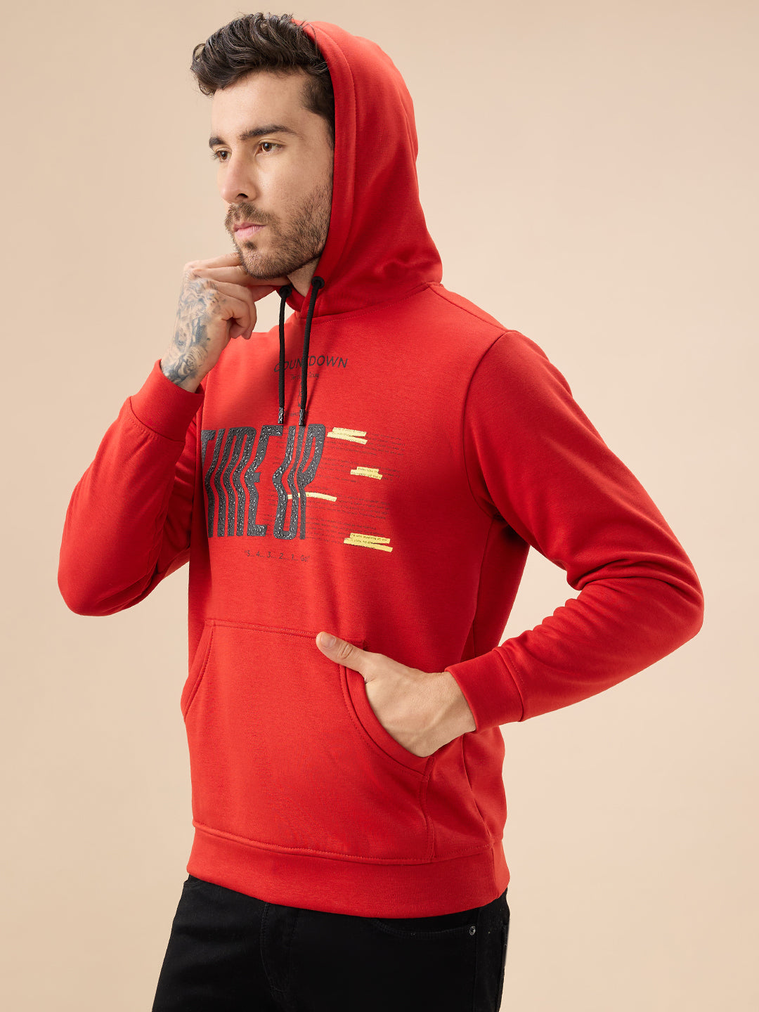 Men's Chest Typography Print Full Sleeve Hooded Fleece Sweatshirt with Kangaroo Pocket Secondary image