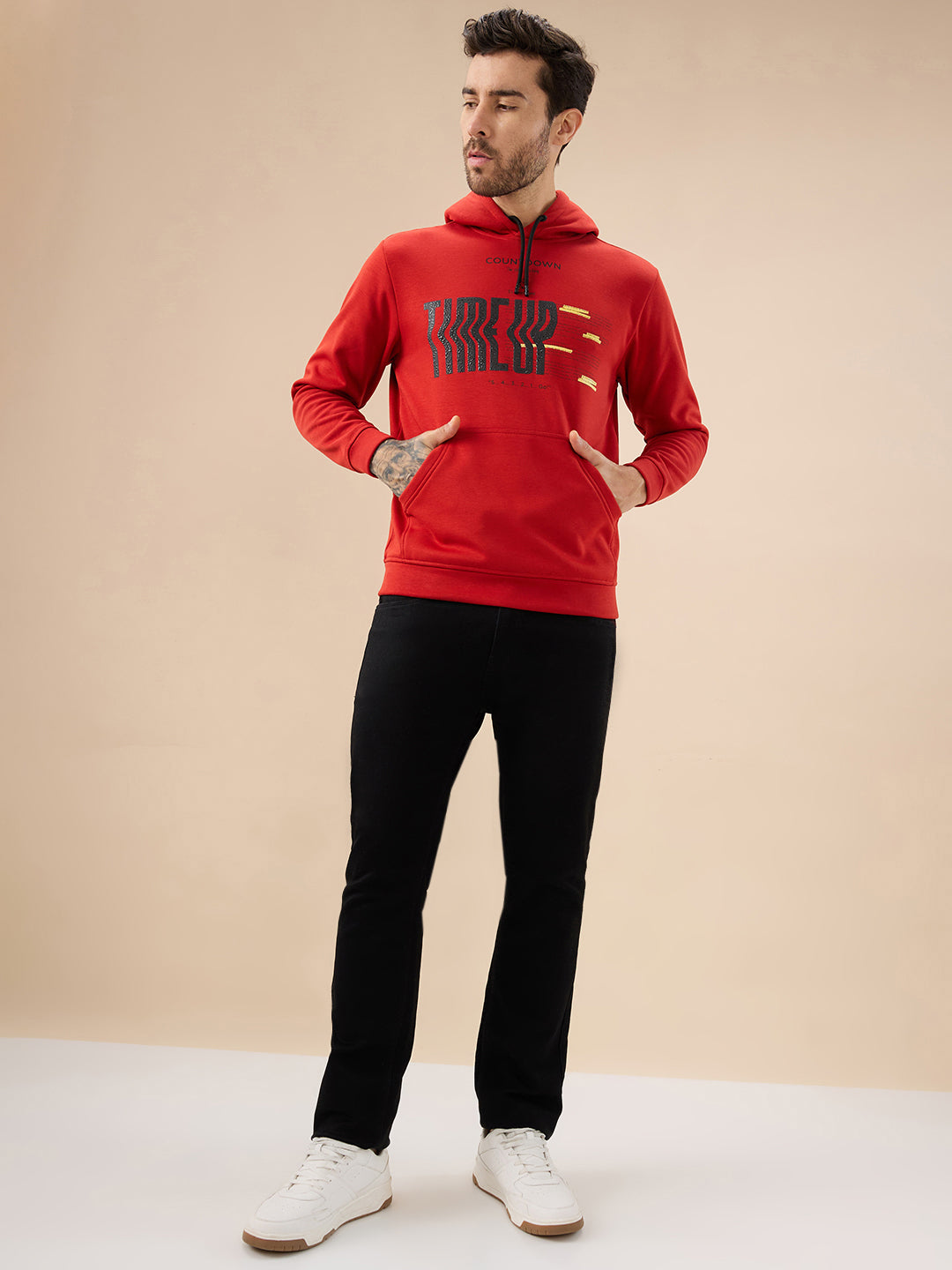 Men's Chest Typography Print Full Sleeve Hooded Fleece Sweatshirt with Kangaroo Pocket