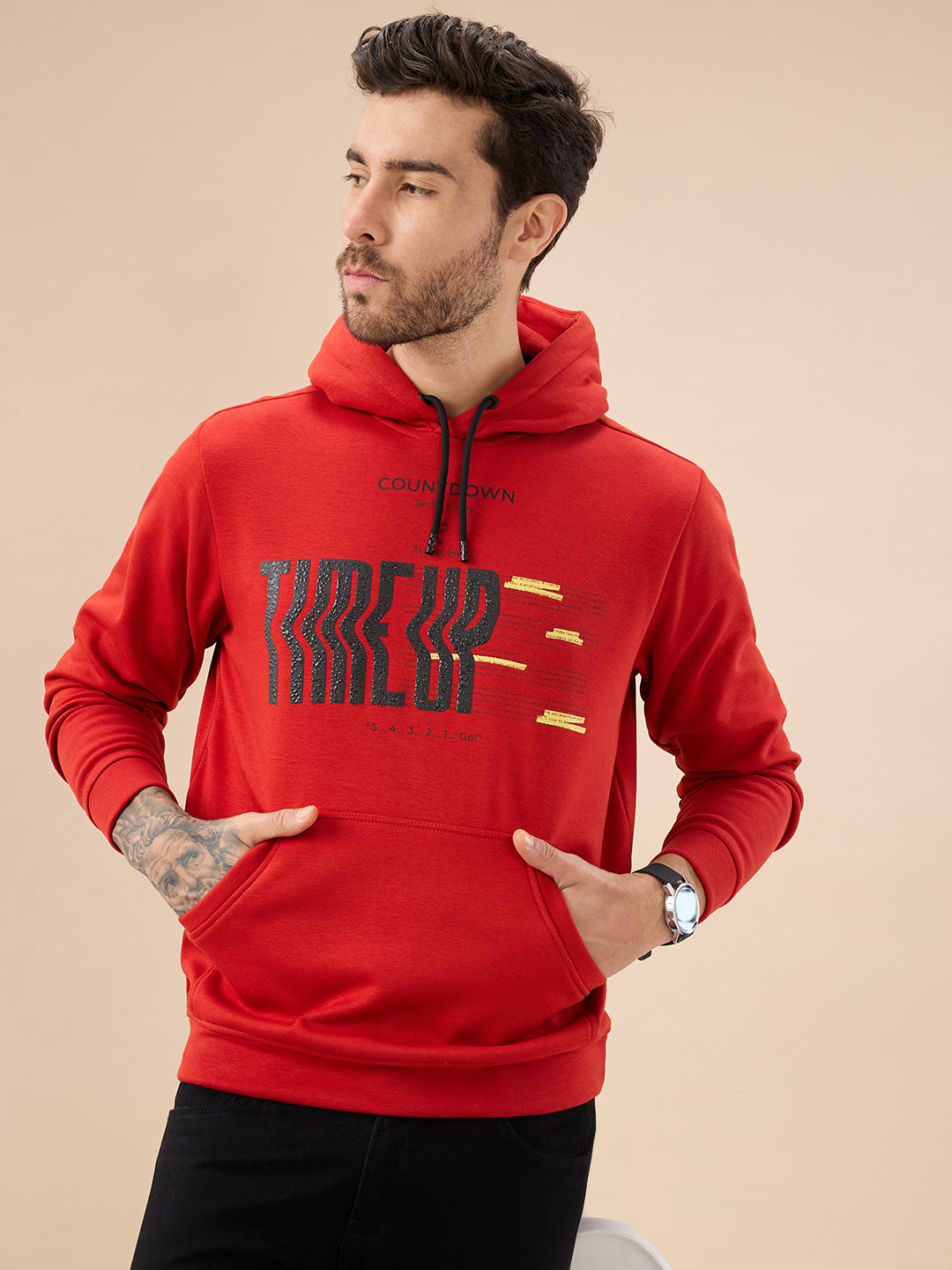 Men's Chest Typography Print Full Sleeve Hooded Fleece Sweatshirt with Kangaroo Pocket