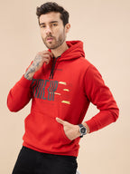 Men's Chest Typography Print Full Sleeve Hooded Fleece Sweatshirt with Kangaroo Pocket