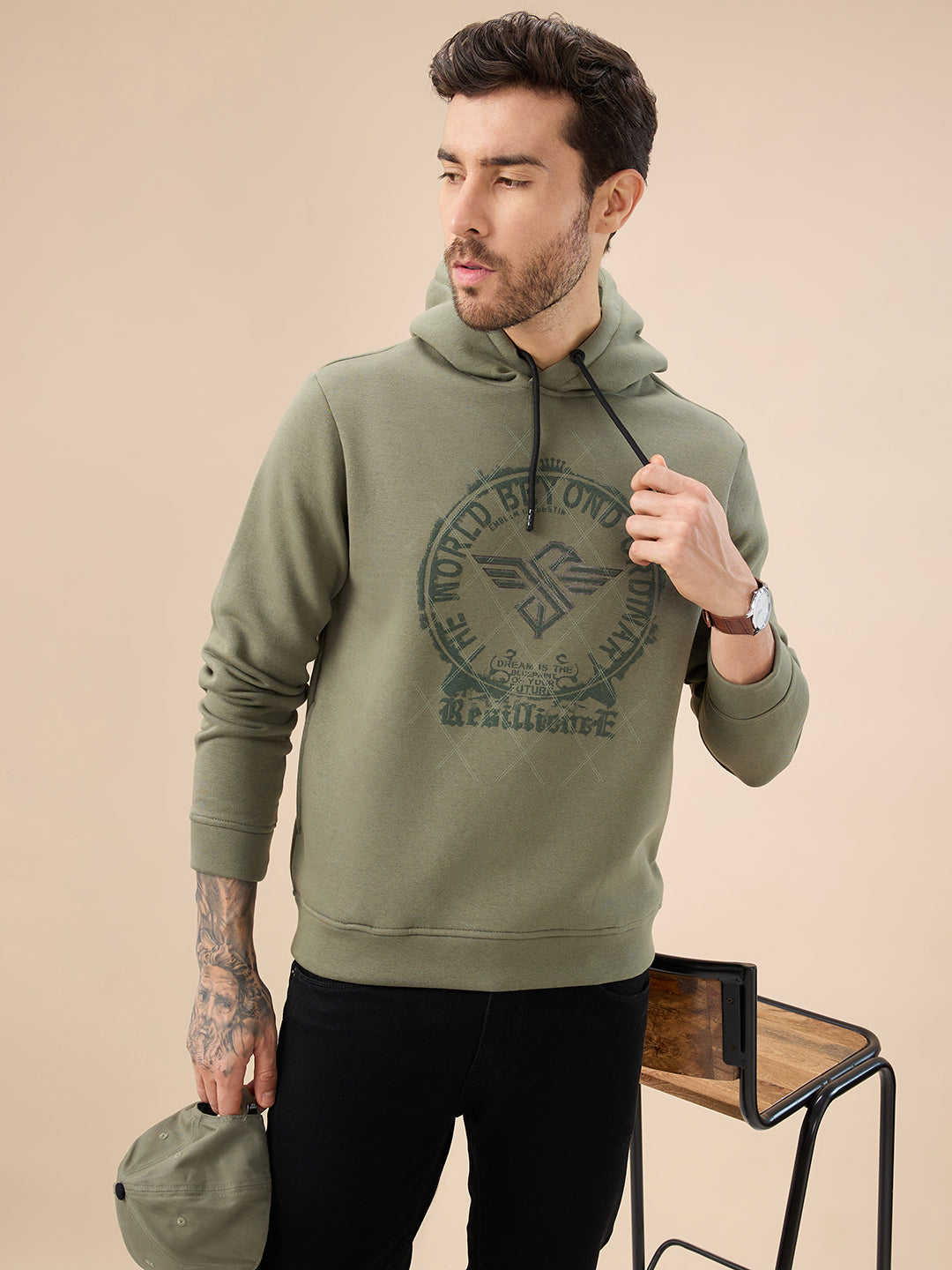 Men's Trendy Chest Typography Print Hoodie Full Sleeve Fleece Sweatshirt