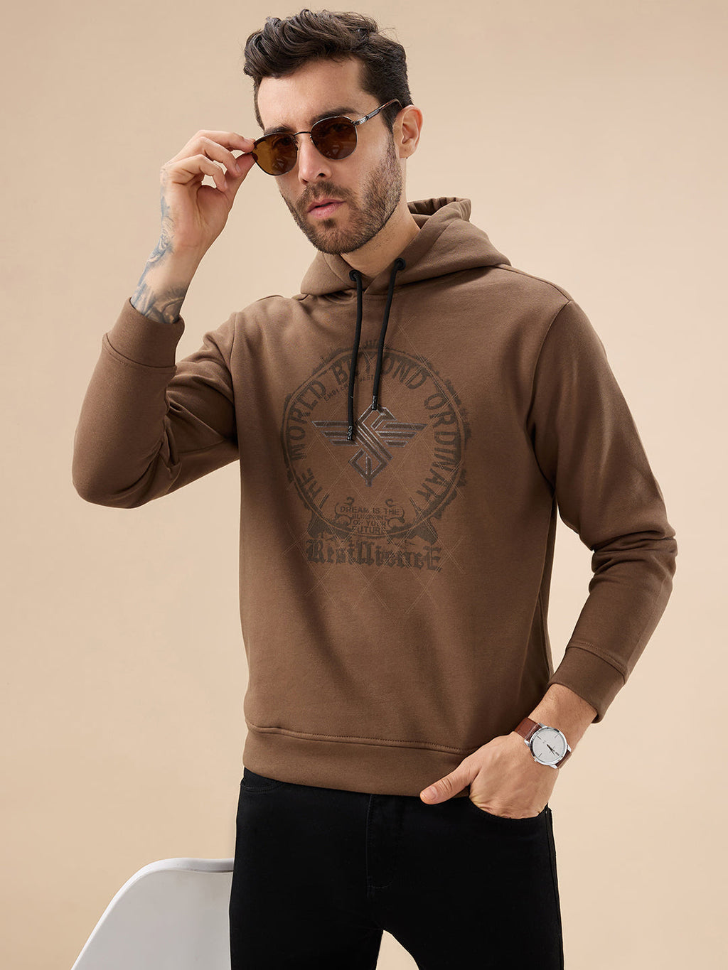 Men's Trendy Chest Typography Print Hoodie Full Sleeve Fleece Sweatshirt