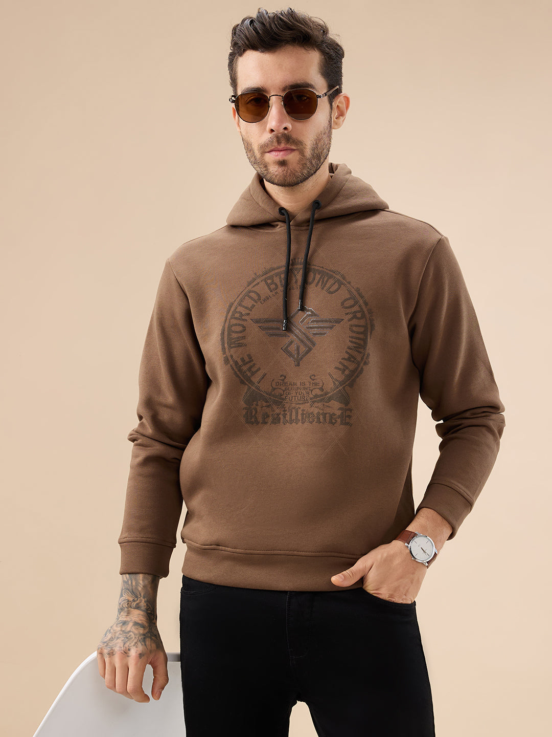 Men's Trendy Chest Typography Print Hoodie Full Sleeve Fleece Sweatshirt