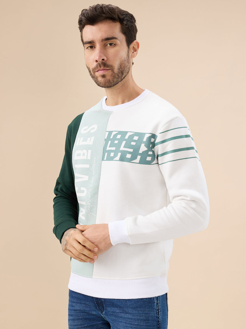 Mens Colorblock Typography Print Full Sleeve Round Neck Fleece Sweatshirt