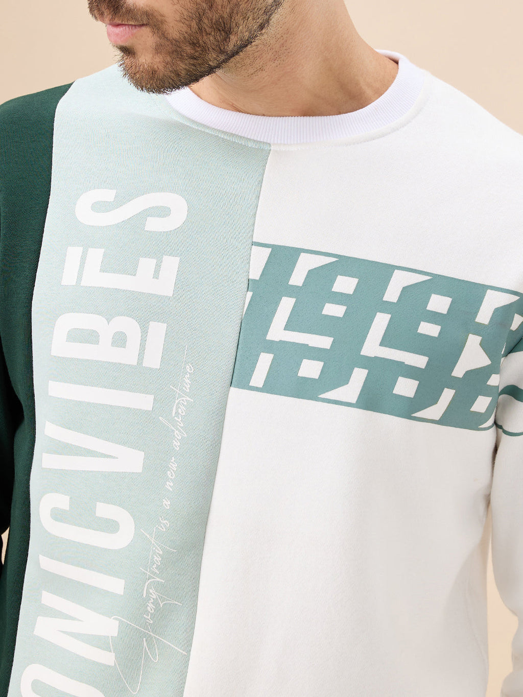 Mens Colorblock Typography Print Full Sleeve Round Neck Fleece Sweatshirt
