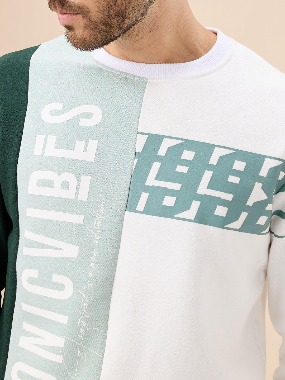Mens Colorblock Typography Print Full Sleeve Round Neck Fleece Sweatshirt