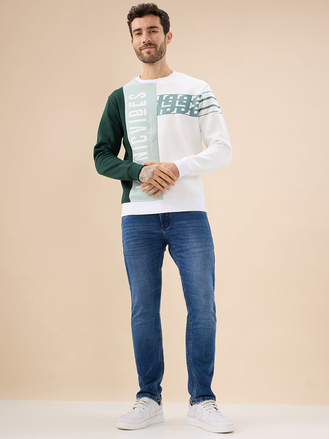 Mens Colorblock Typography Print Full Sleeve Round Neck Fleece Sweatshirt