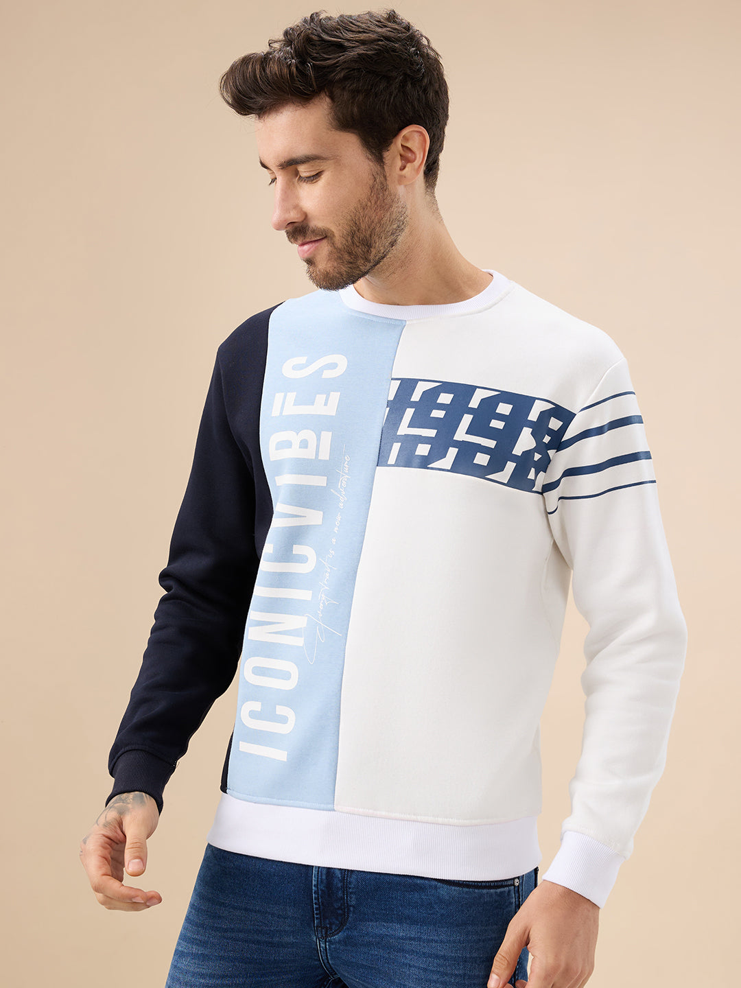 Men's Colorblock Typography Print Full Sleeve Round Neck Fleece Sweatshirt