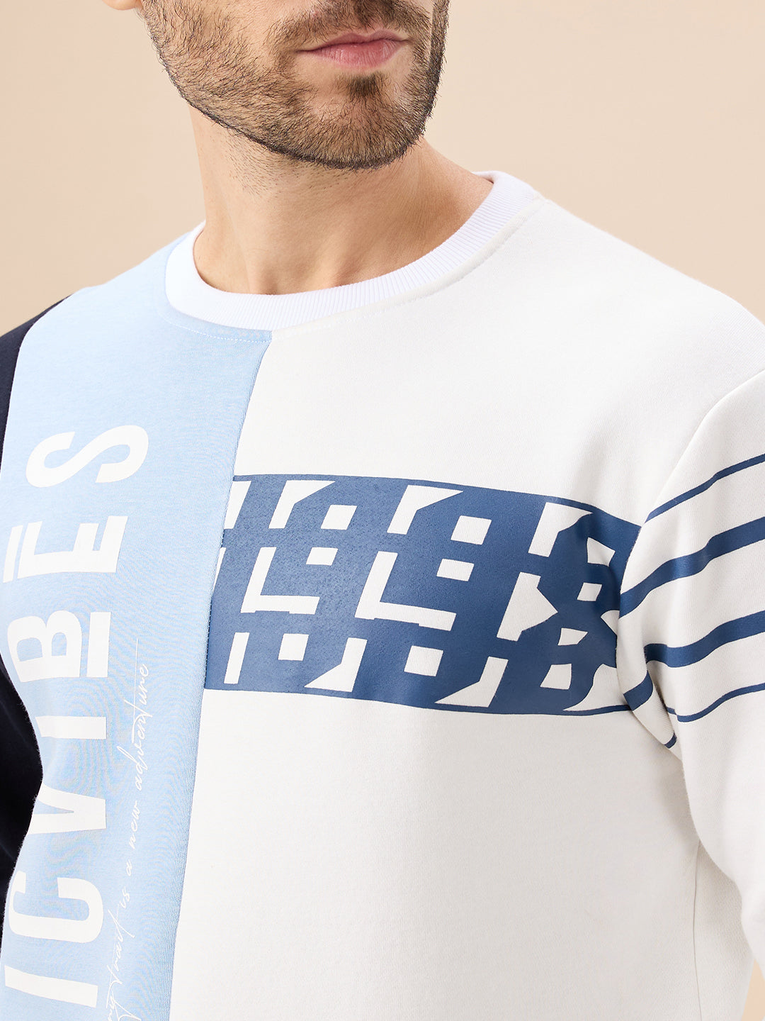 Men's Colorblock Typography Print Full Sleeve Round Neck Fleece Sweatshirt