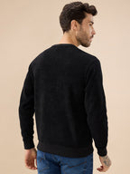 Men's Solid Textured Knit Full Sleeve Round Neck Fleece Sweatshirt with Chest Pocket