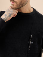 Men's Solid Textured Knit Full Sleeve Round Neck Fleece Sweatshirt with Chest Pocket