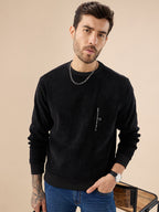 Men's Solid Textured Knit Full Sleeve Round Neck Fleece Sweatshirt with Chest Pocket