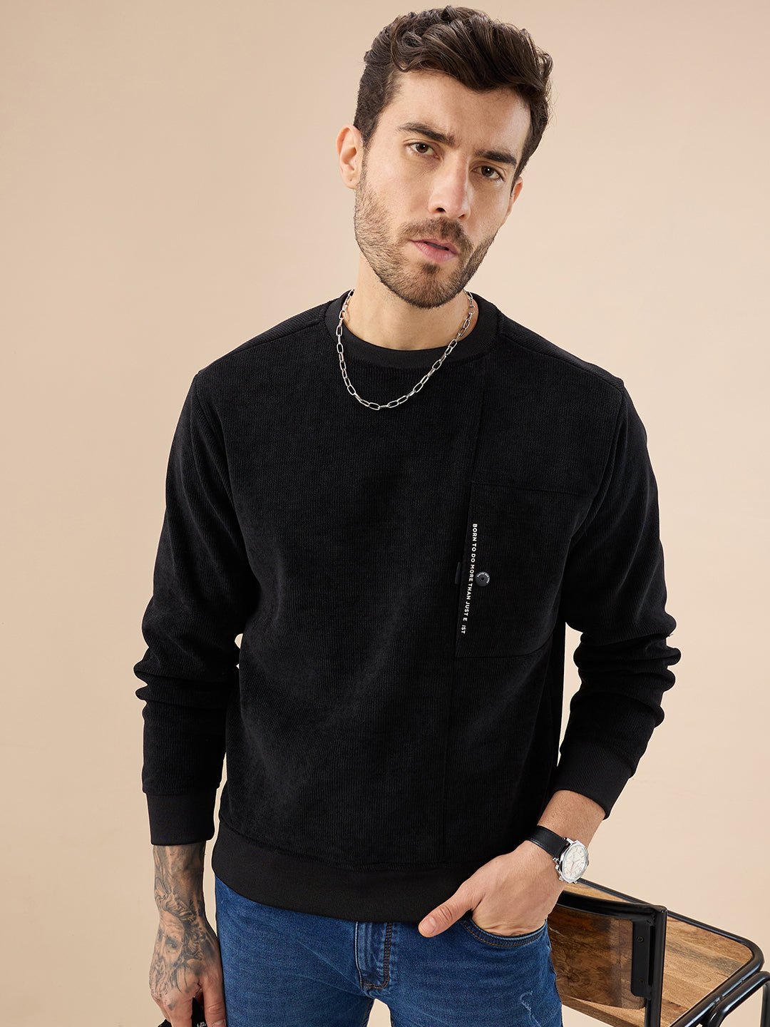 Men's Solid Textured Knit Full Sleeve Round Neck Fleece Sweatshirt with Chest Pocket