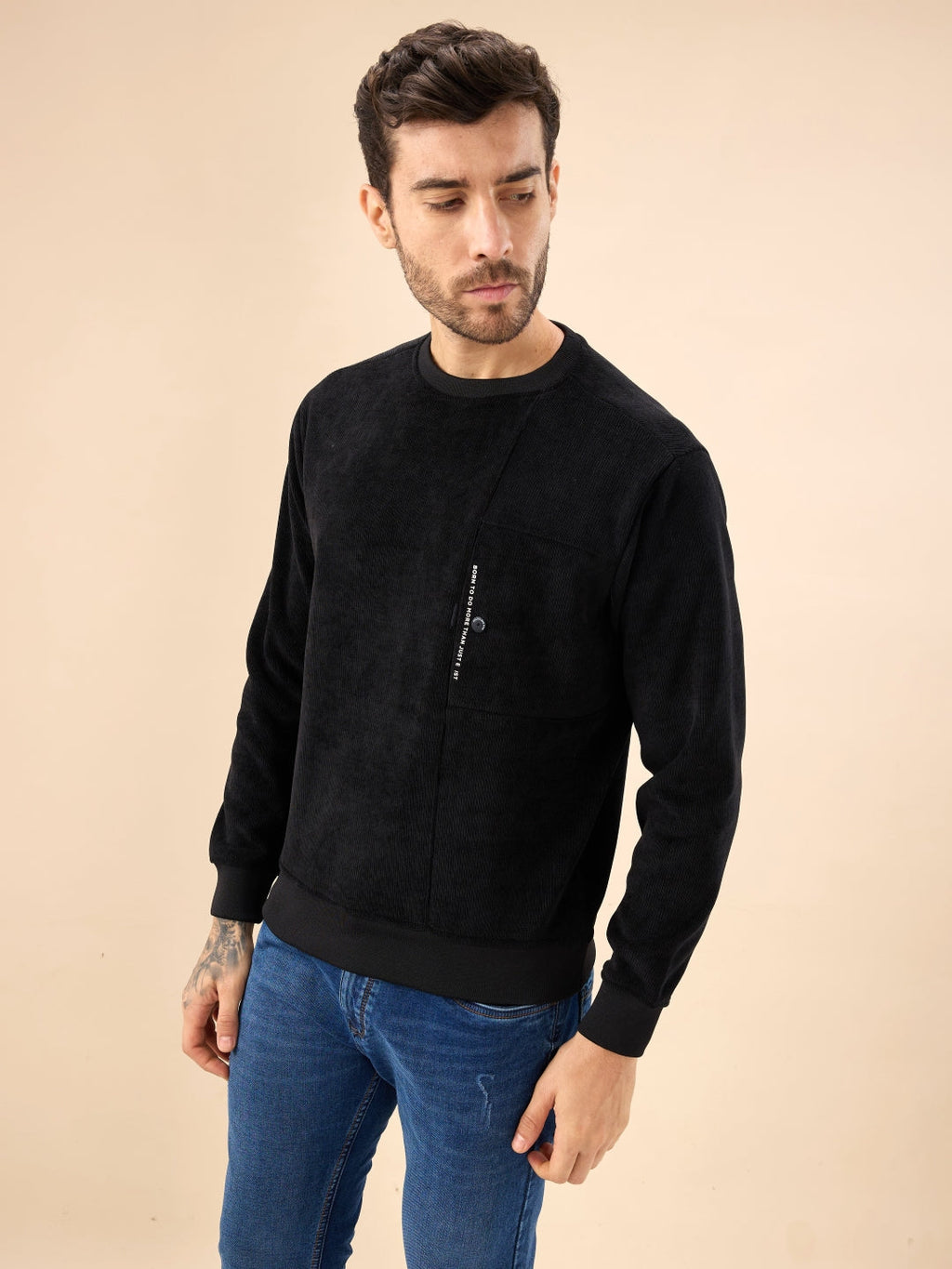 Men's Solid Textured Knit Full Sleeve Round Neck Fleece Sweatshirt with Chest Pocket