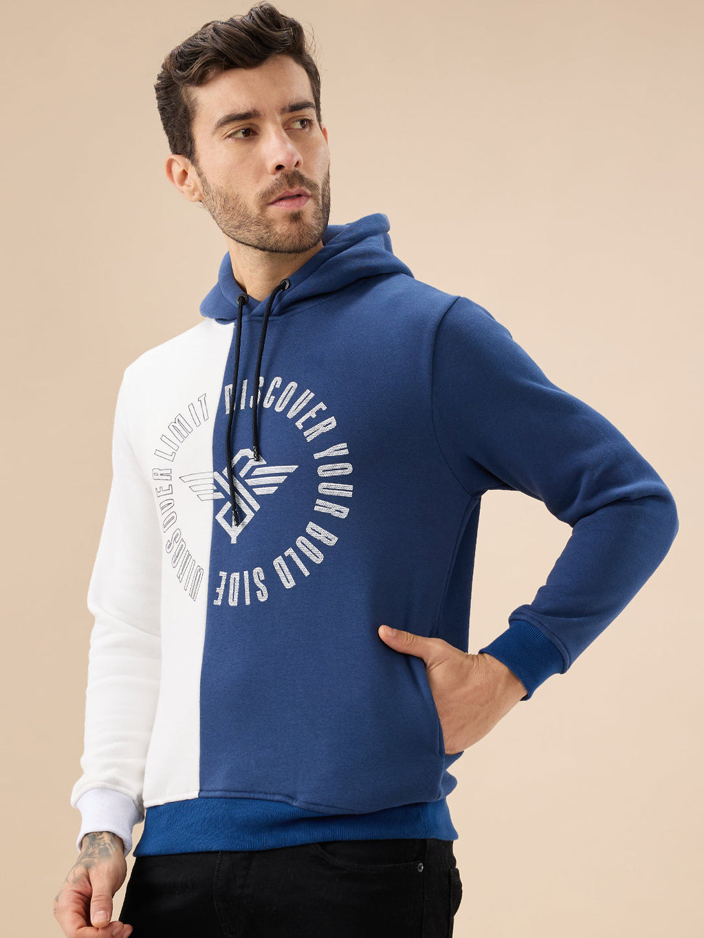 Mens Colorblock Chest Typography Print Full Sleeve Hooded Fleece Sweatshirt