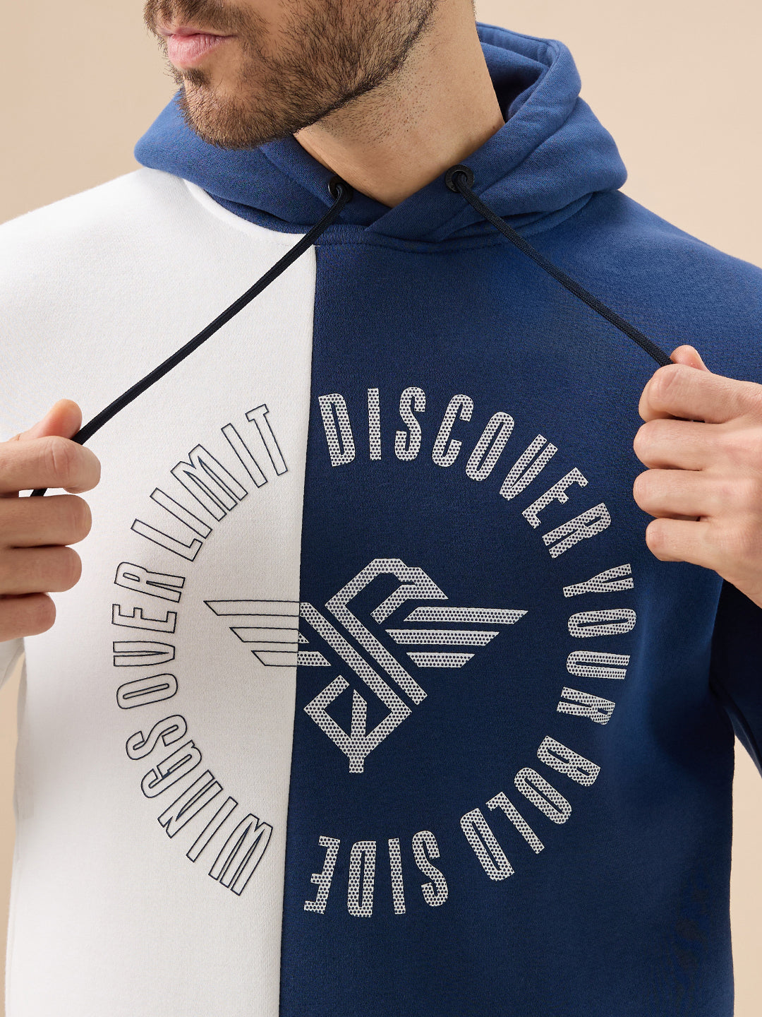 Mens Colorblock Chest Typography Print Full Sleeve Hooded Fleece Sweatshirt