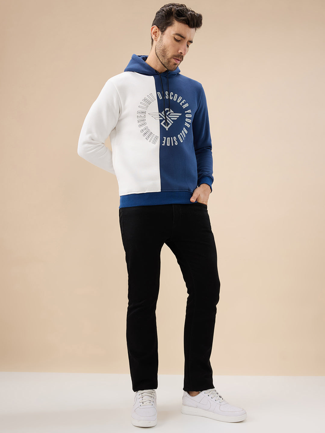 Mens Colorblock Chest Typography Print Full Sleeve Hooded Fleece Sweatshirt