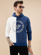 Mens Colorblock Chest Typography Print Full Sleeve Hooded Fleece Sweatshirt