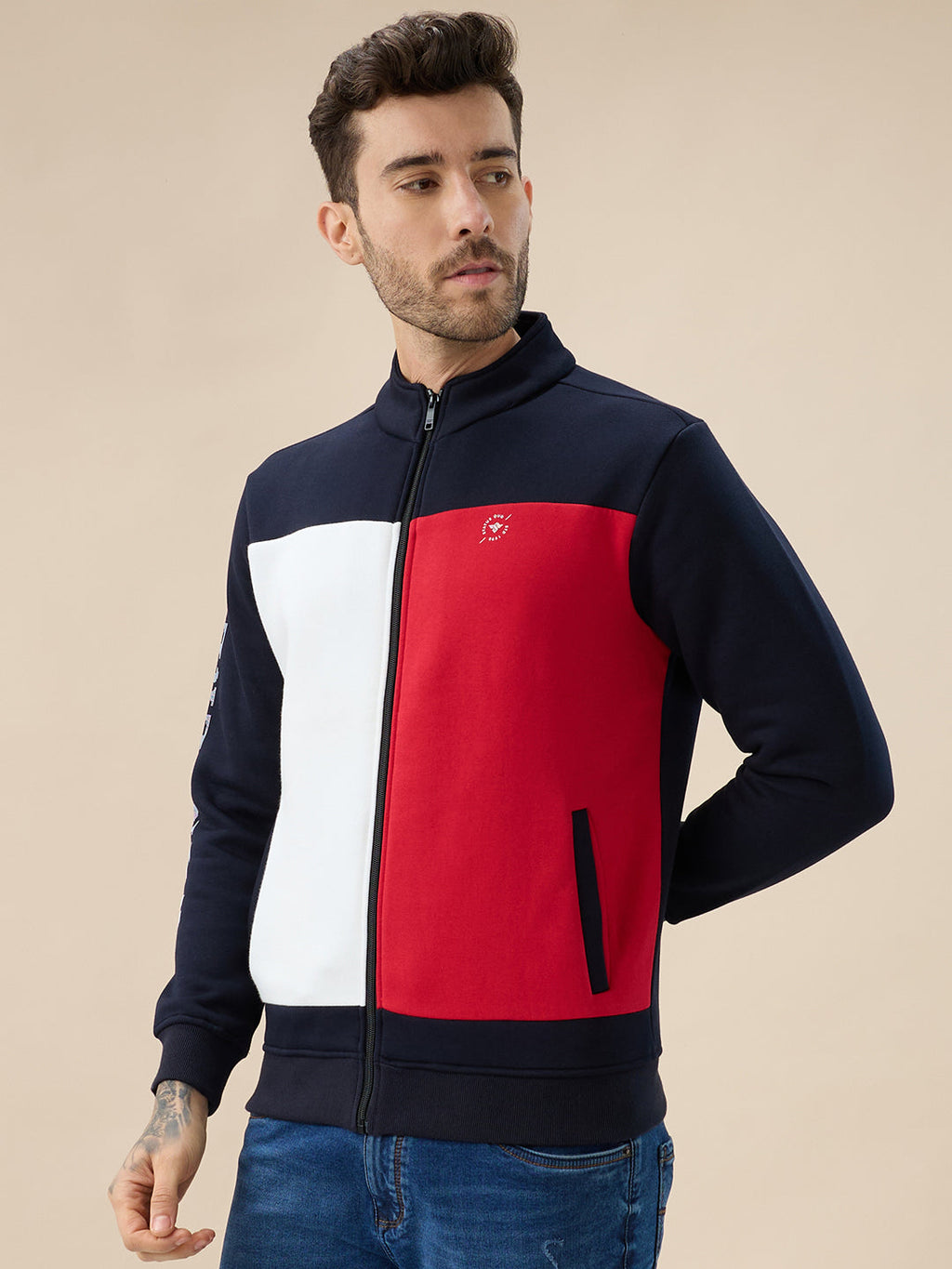 Men's Colourblocked Mock Collar Fleece Sweatshirt with Typography Print Full Sleeves