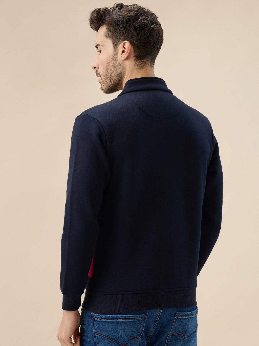 Men's Colourblocked Mock Collar Fleece Sweatshirt with Typography Print Full Sleeves
