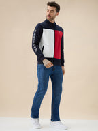 Men's Colourblocked Mock Collar Fleece Sweatshirt with Typography Print Full Sleeves