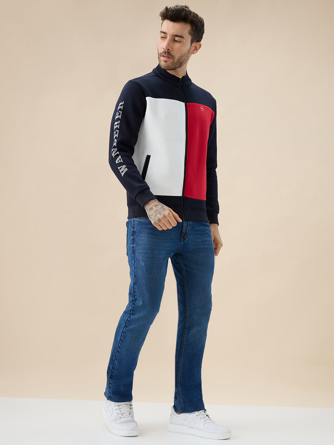 Men's Colourblocked Mock Collar Fleece Sweatshirt with Typography Print Full Sleeves