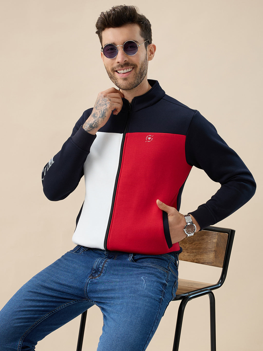 Men's Colourblocked Mock Collar Fleece Sweatshirt with Typography Print Full Sleeves
