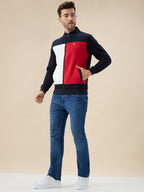 Men's Colourblocked Mock Collar Fleece Sweatshirt with Typography Print Full Sleeves