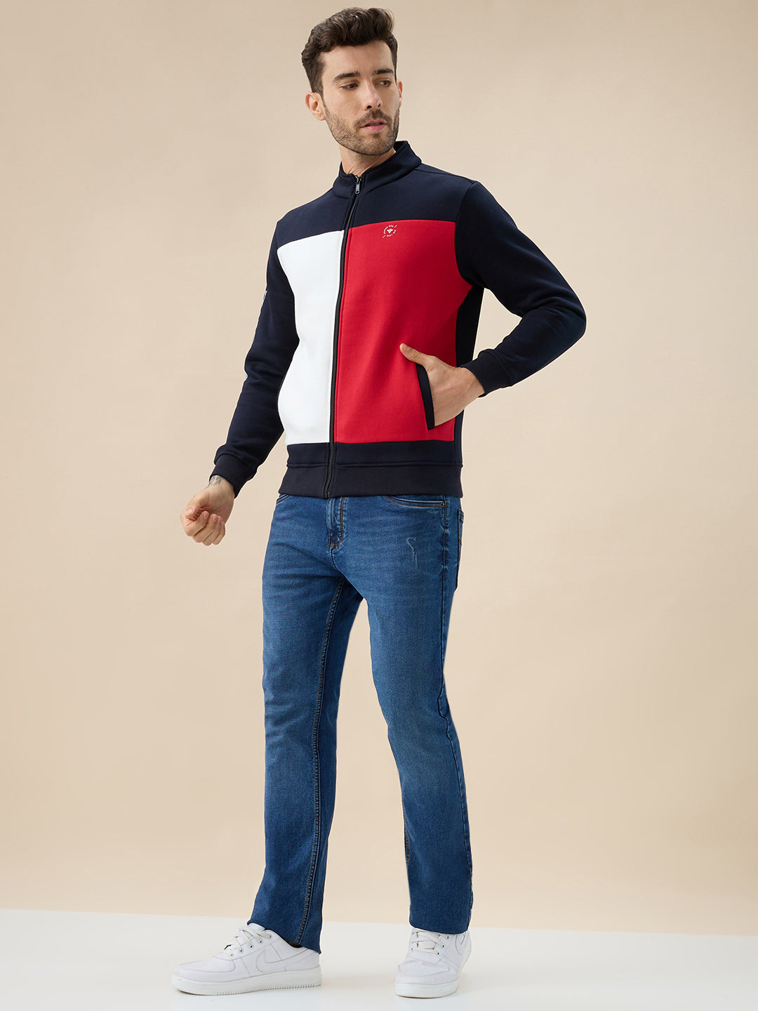 Men's Colourblocked Mock Collar Fleece Sweatshirt with Typography Print Full Sleeves