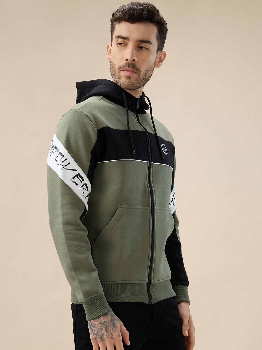 Men's Mix & Match Full Sleeves Hooded Fleece Sweatshirt with Zipper Closure Secondary image